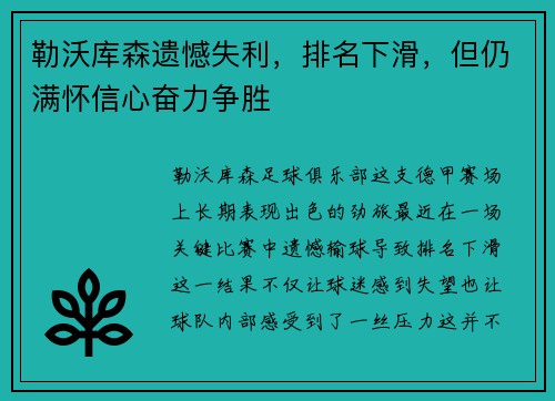 勒沃库森遗憾失利，排名下滑，但仍满怀信心奋力争胜