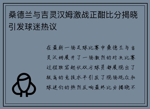 桑德兰与吉灵汉姆激战正酣比分揭晓引发球迷热议