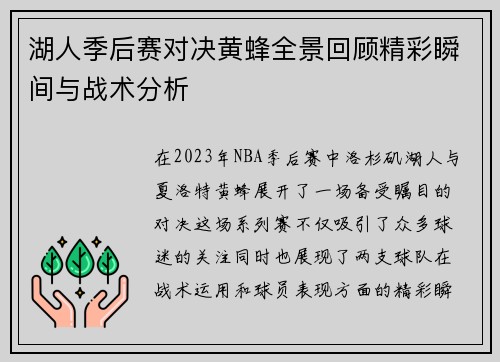 湖人季后赛对决黄蜂全景回顾精彩瞬间与战术分析