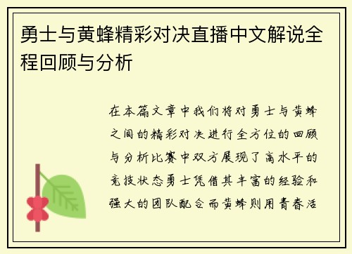 勇士与黄蜂精彩对决直播中文解说全程回顾与分析