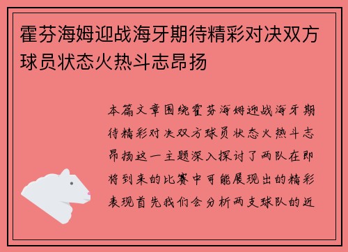 霍芬海姆迎战海牙期待精彩对决双方球员状态火热斗志昂扬