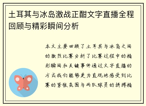 土耳其与冰岛激战正酣文字直播全程回顾与精彩瞬间分析