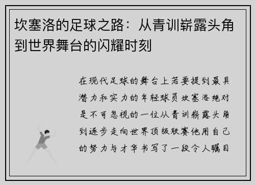 坎塞洛的足球之路：从青训崭露头角到世界舞台的闪耀时刻