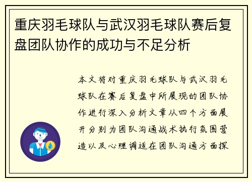 重庆羽毛球队与武汉羽毛球队赛后复盘团队协作的成功与不足分析