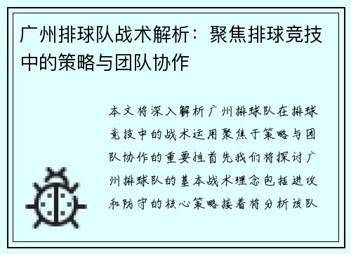 广州排球队战术解析：聚焦排球竞技中的策略与团队协作