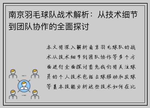 南京羽毛球队战术解析：从技术细节到团队协作的全面探讨