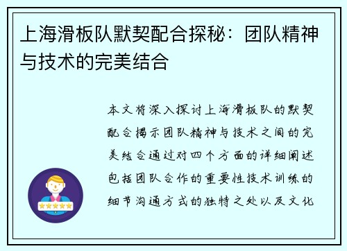 上海滑板队默契配合探秘：团队精神与技术的完美结合