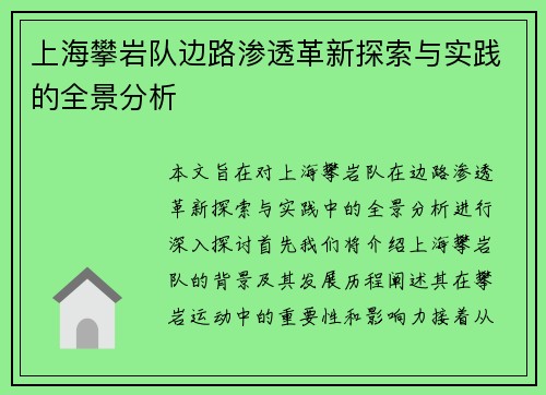 上海攀岩队边路渗透革新探索与实践的全景分析