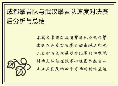 成都攀岩队与武汉攀岩队速度对决赛后分析与总结